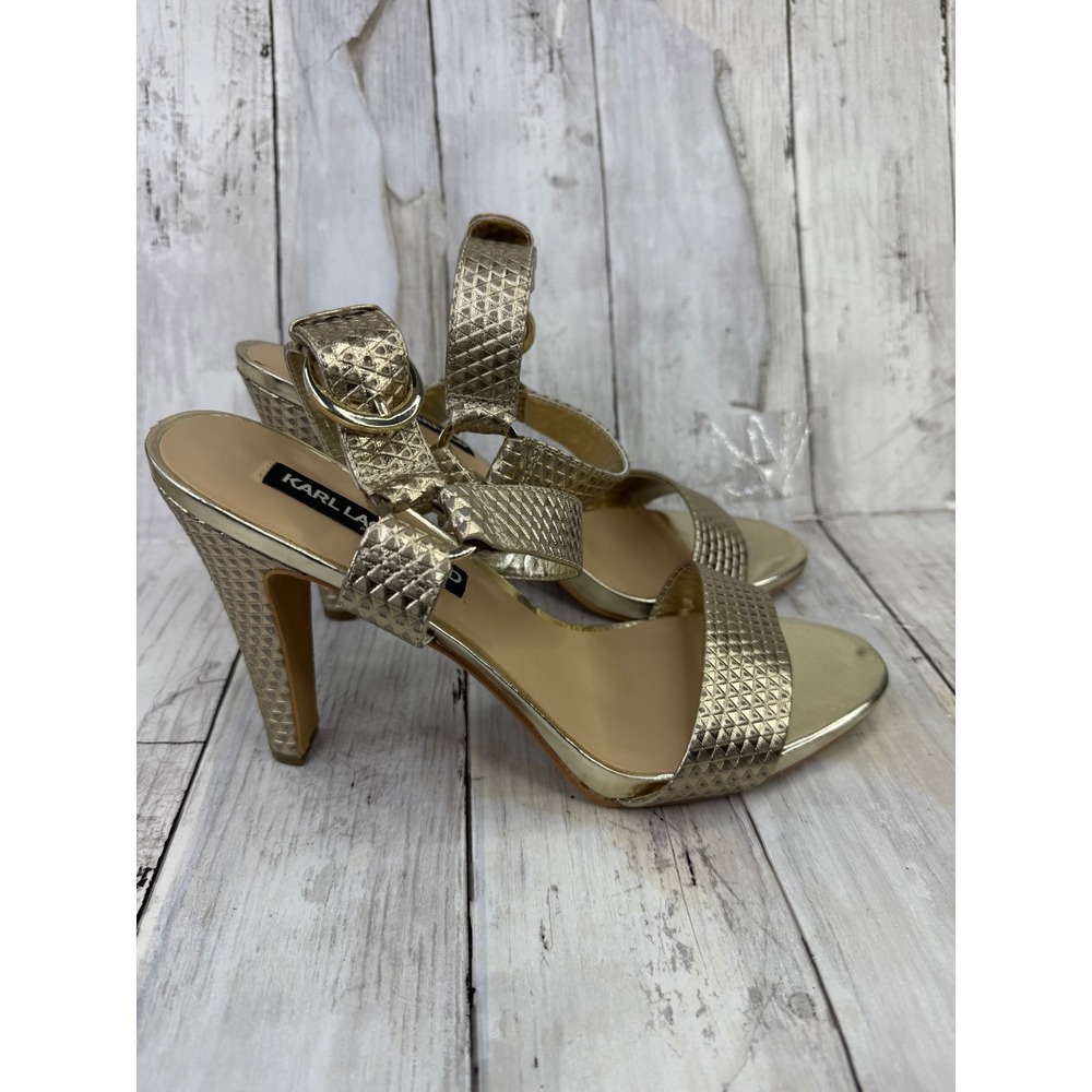 Karl Lagerfeld Paris Womens Gold Metallic Textured Ankle Strap High Heel Sandals